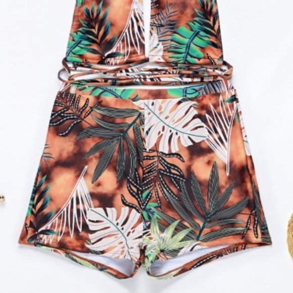 Women's Sexy Halter One Piece Swimsuit Briefs Botanical Tropical Palm Trees - Picture 6 of 7